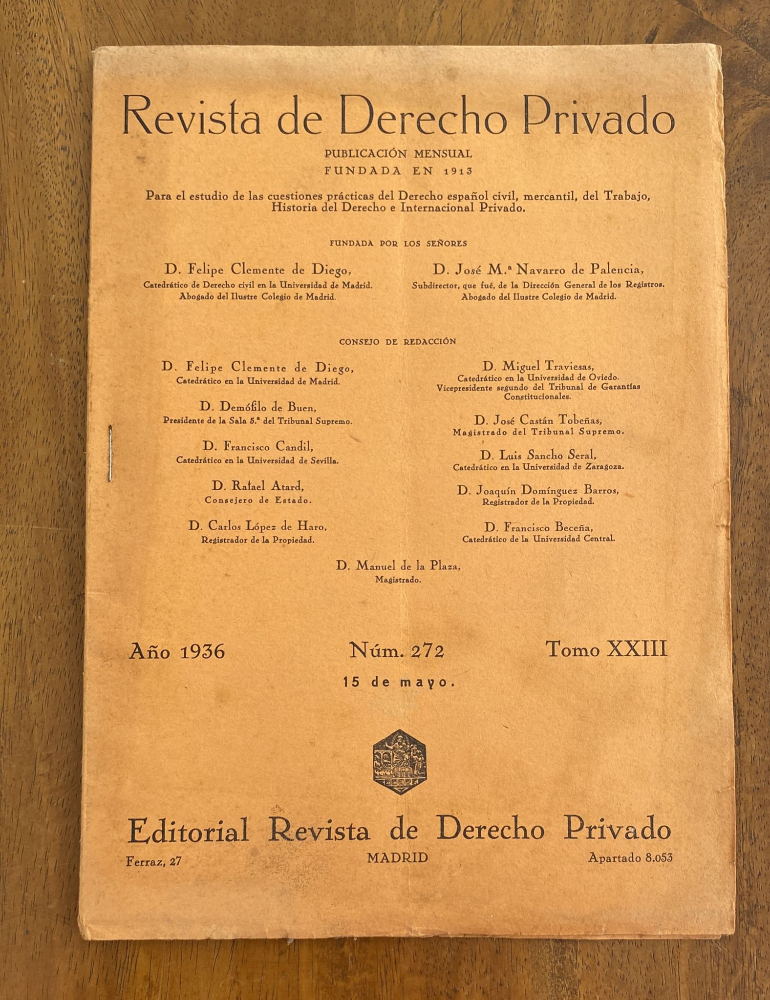 Revista de Derecho Privado nº 272. Año 1936. (29x20,5 cms.) SIN ABRIR
