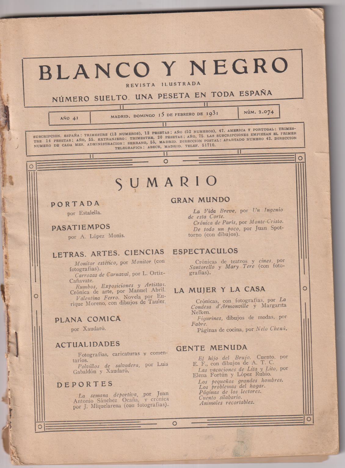 Blanco u negro nº 2074. Madrid 15 de Febrero de 1931