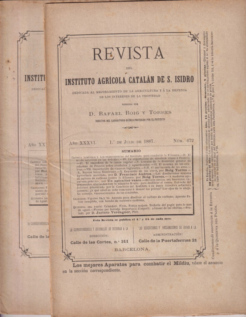 Revista del Instituto Agrícola Catalán de S. Isidro. Lote de 2 ejemplares: 472 y 474. del 1 de julio y 1 de agosto de 1887
