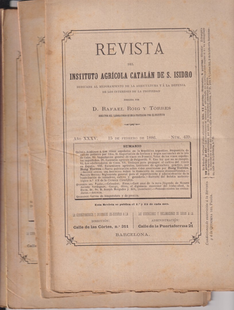 Lote de 5 Revistas del Instituto Agrícola Catalán de S. Isidro. Del nº 439 al 443. Del 15 de Febrero al 15 de Abril de 1886