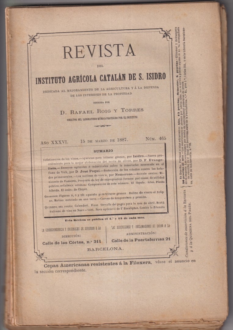 Lote de 12 Revistas del Instituto Agrícola Catalán de S. Isidro: 465 al 469, 471, 473, 477, 478, 480 al 482. Del 15 de Mar. al 31 Dic. de 1887