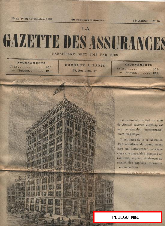La Gazette des Assurances nº 15 del 10 octubre de 1894. París