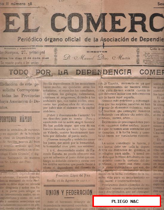 El Comercio nº 58. Periódico oficial de la Asociación de Dependientes. Sevilla 1911