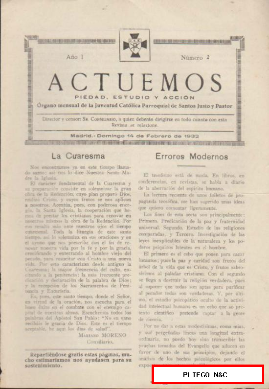 Actuemos nº 2. Año I. Madrid 14 de Febrero de 1932