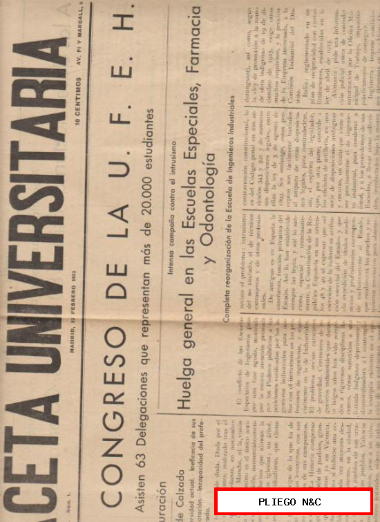 Gaceta Universitaria nº 1. Semanario de Estudiantes. Madrid 23 de Febrero de 1933