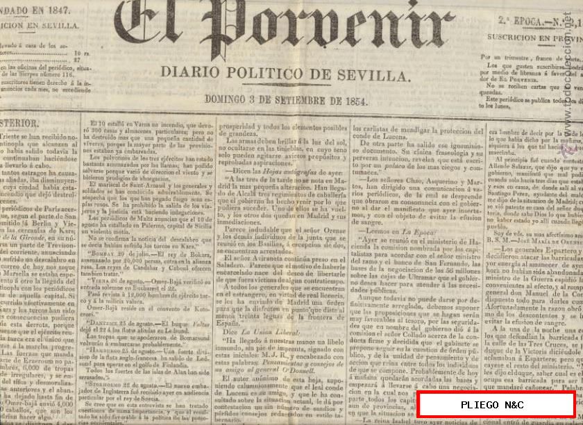 El Porvenir. Diario Político de Sevilla nº 2115. 15 de Agosto de 1854