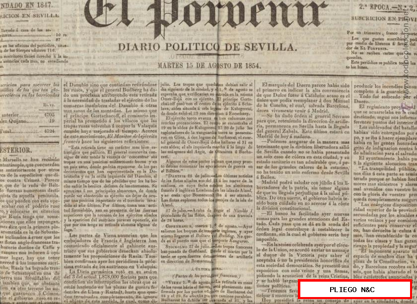 El Porvenir. Diario Político de Sevilla nº 2113. 12 de Agosto de 1854
