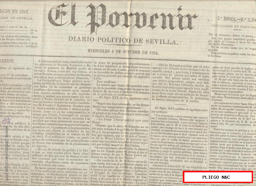 El Porvenir. Diario Político de Sevilla nº 2166. 4 de Octubre de 1854