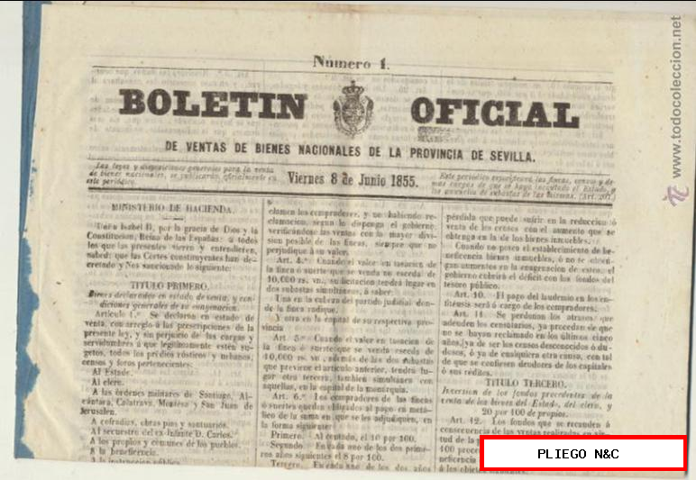 Boletín Oficial de ventas de bienes nacionales de la Provincia de Sevilla nº 1. Junio, 8 de 1855. Buena conservación