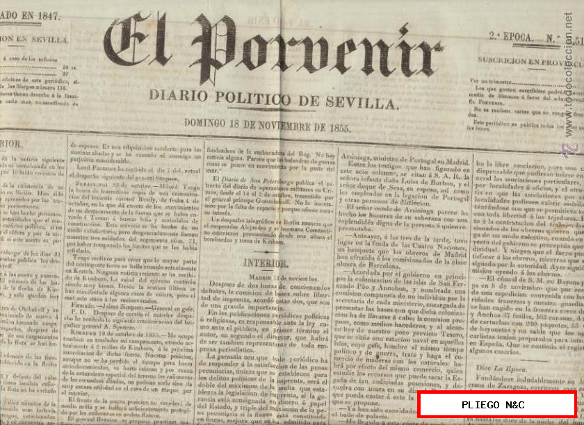 El Porvenir. Diario Político de Sevilla nº 2513. 18 DE NOVIEMBRE de 1855