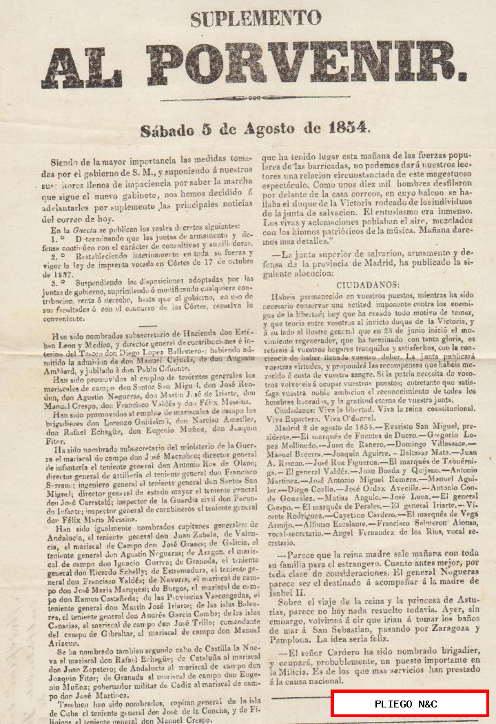 suplemento al porvenir. Sábado 5 de agosto de 1854 (Sevilla)