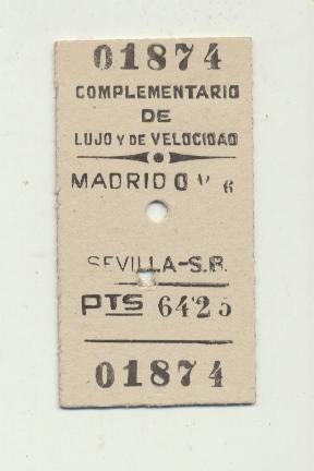 Billete de Tren Madrid-Sevilla. Complementario de lujo y de Velocidad. 7 Mayo, 1953