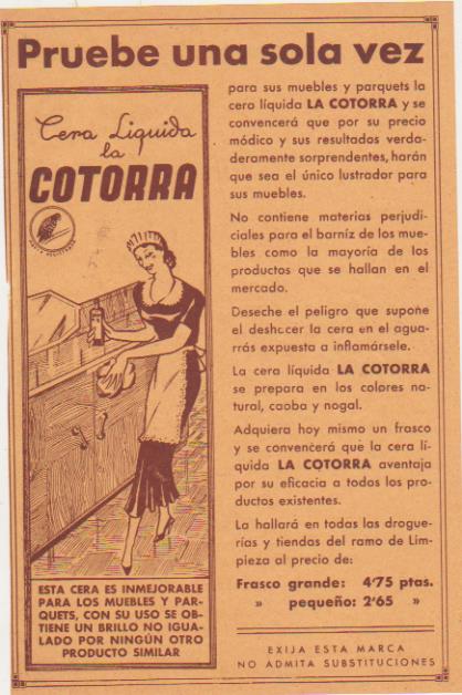 Publicidad de Cera Líquida La cotorra. (22x14,5) Años 20-30