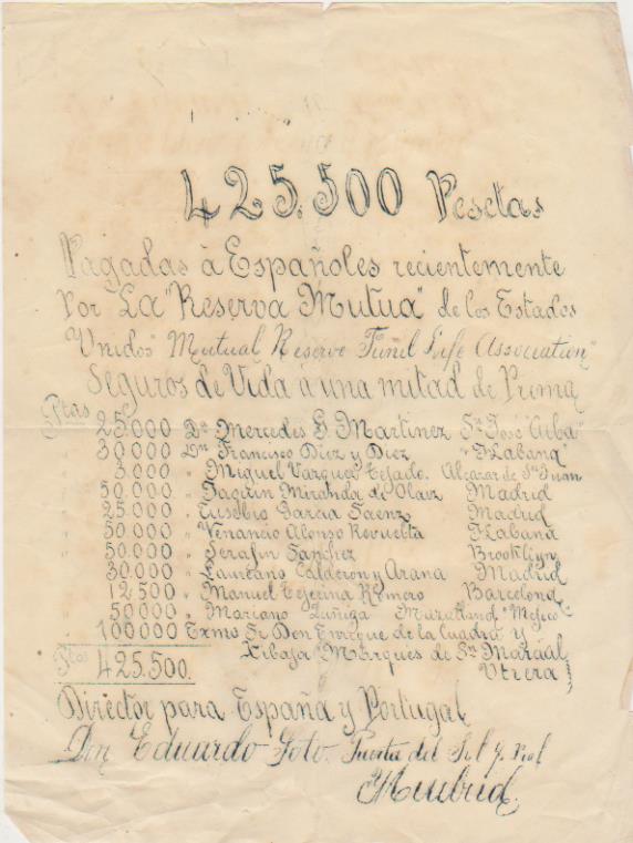 425.500 Pesetas Pagadas a Españoles Recientemente por La Reserva mutua de los Estados Unidos. Publicidad circa 1900