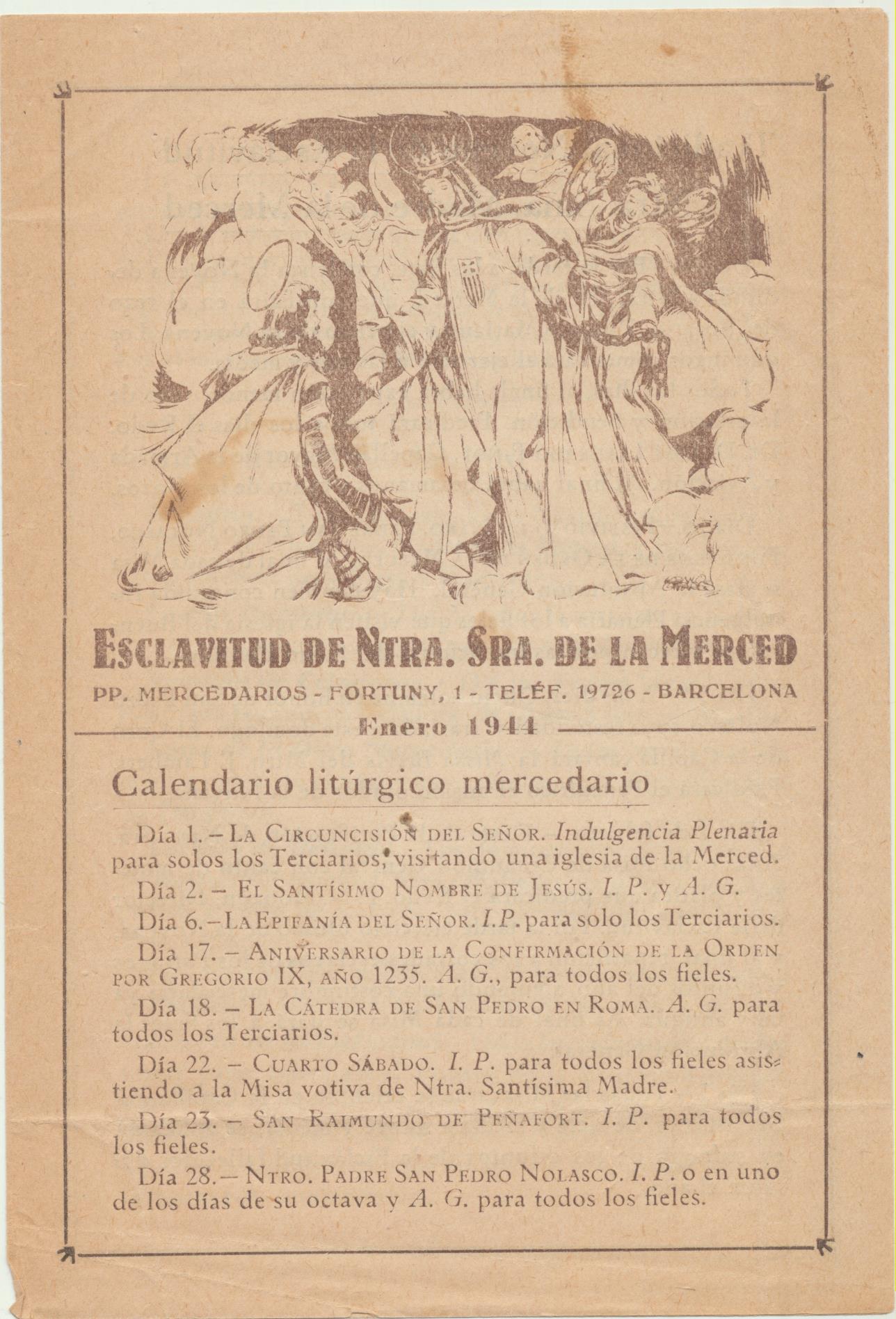 Esclavitud de Ntra. Sra. de la Merced. Barcelona Enero de 1941. doble hoja