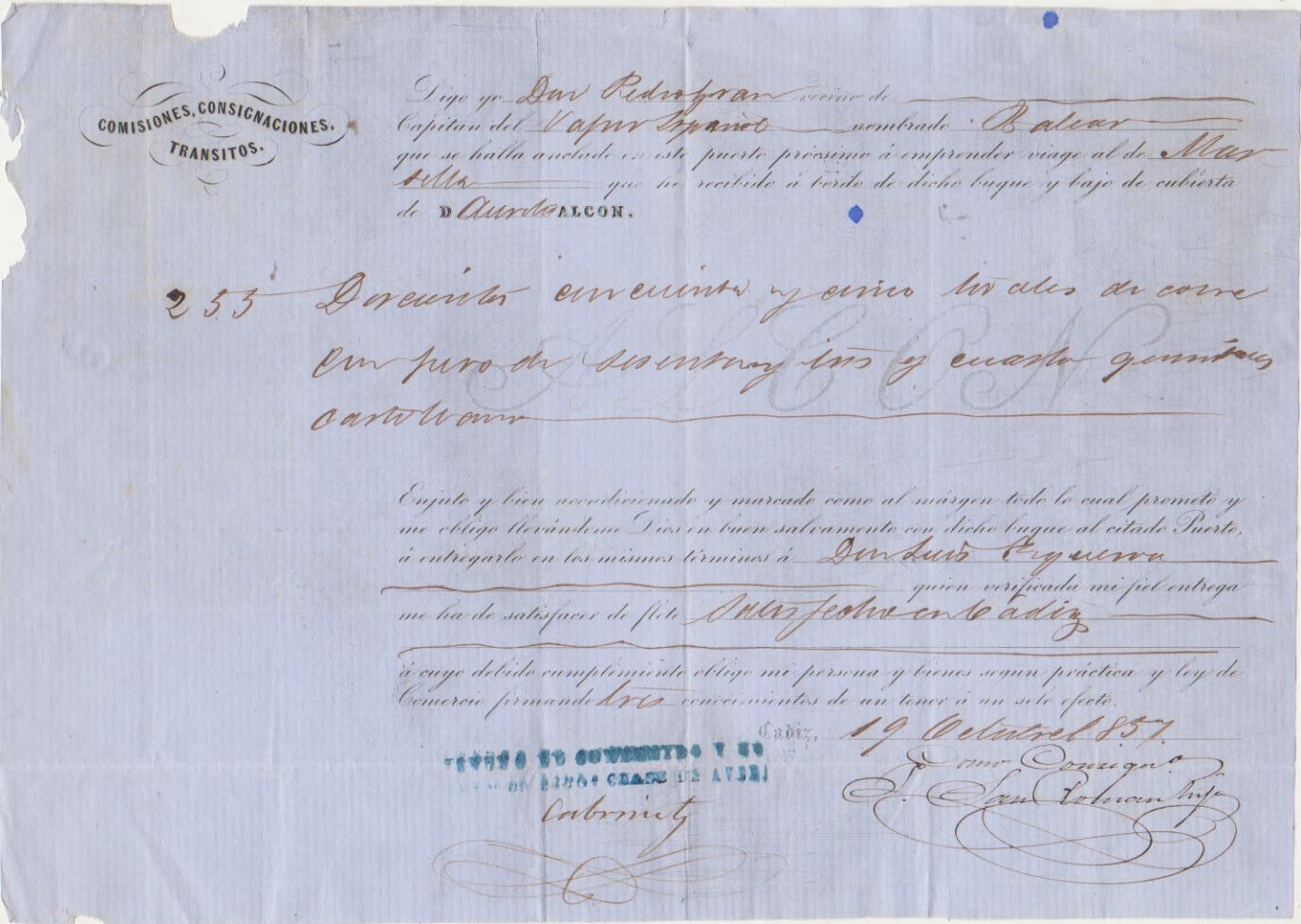 Conocimiento de Embarque. El Vapor Español nombrado Balear. De Cádiz a Marsella . Con carga de 255 (?) de carne. Cádiz 19 octubre 1857