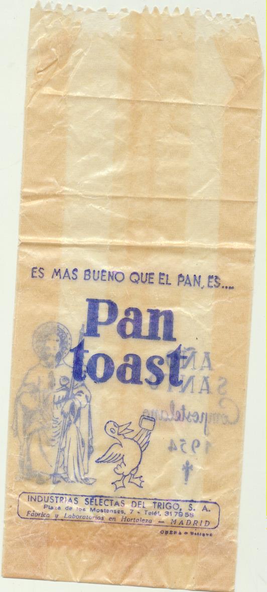 Año Santo Compostelano 1954. Bolsa de papel (19,5x8) de Pan Toast