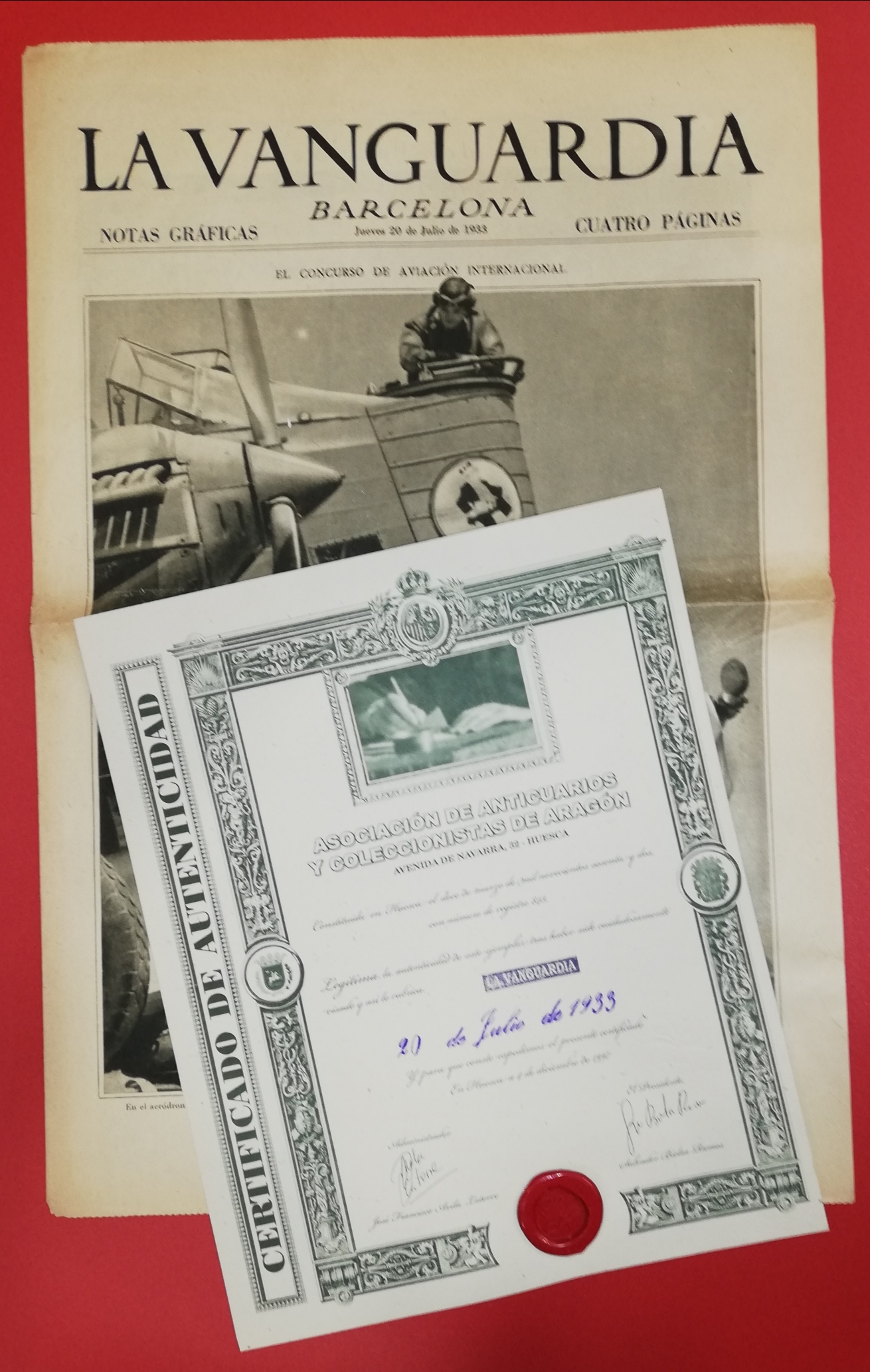 La Vanguardia. 20 Julio 1933. Con certificado lacrado de la Asociación de Anticuarios