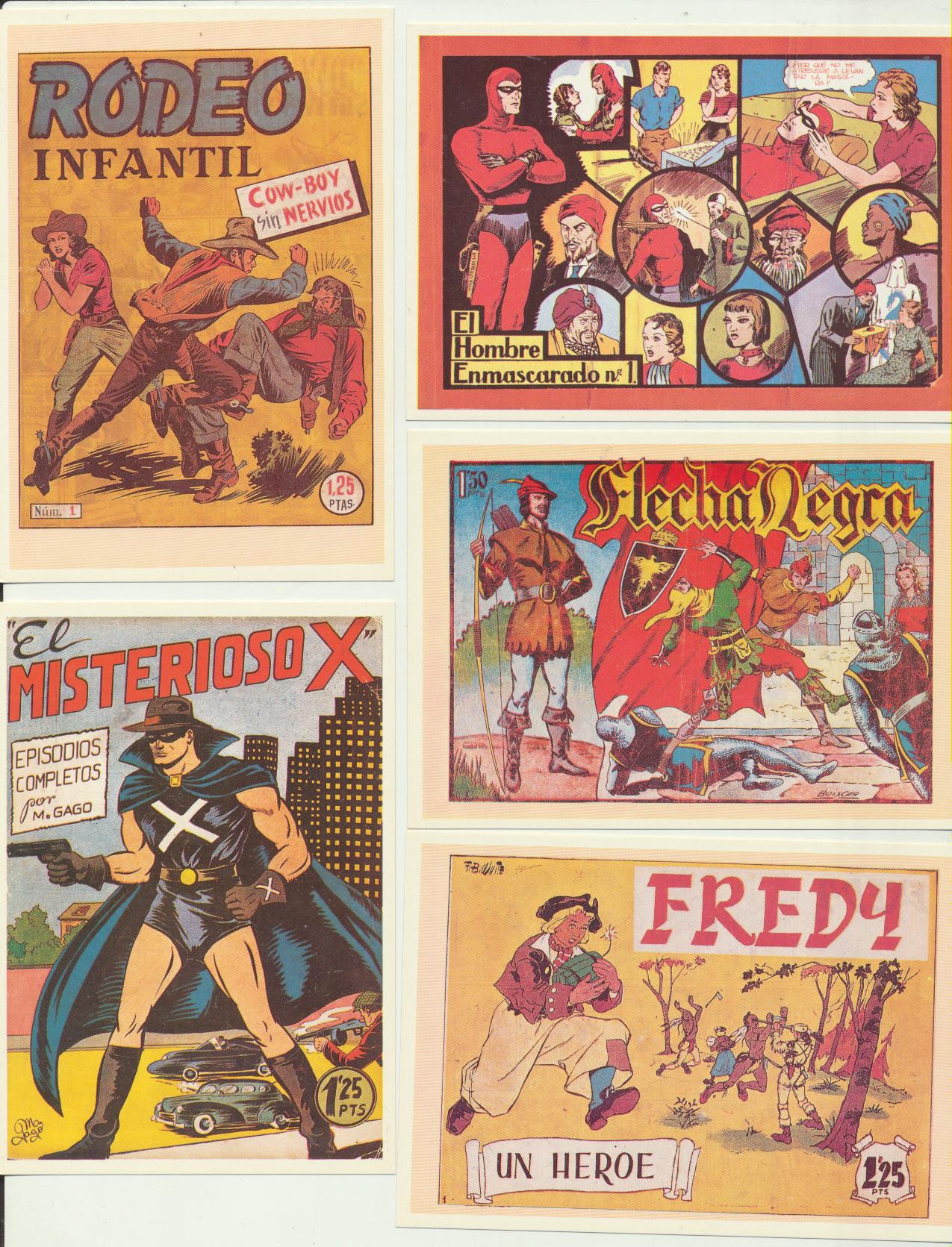 Lote de 5 fichas nº 1. Rodeo Infantil, Misterioso X, Flecha Negra, Fredy y El Hombre Enmascarado