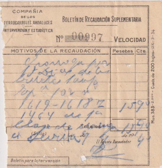 Compañía de Ferrocarriles Andaluces. Boletín de Recaudación Suplementaria por 15,90. Sevilla 1940