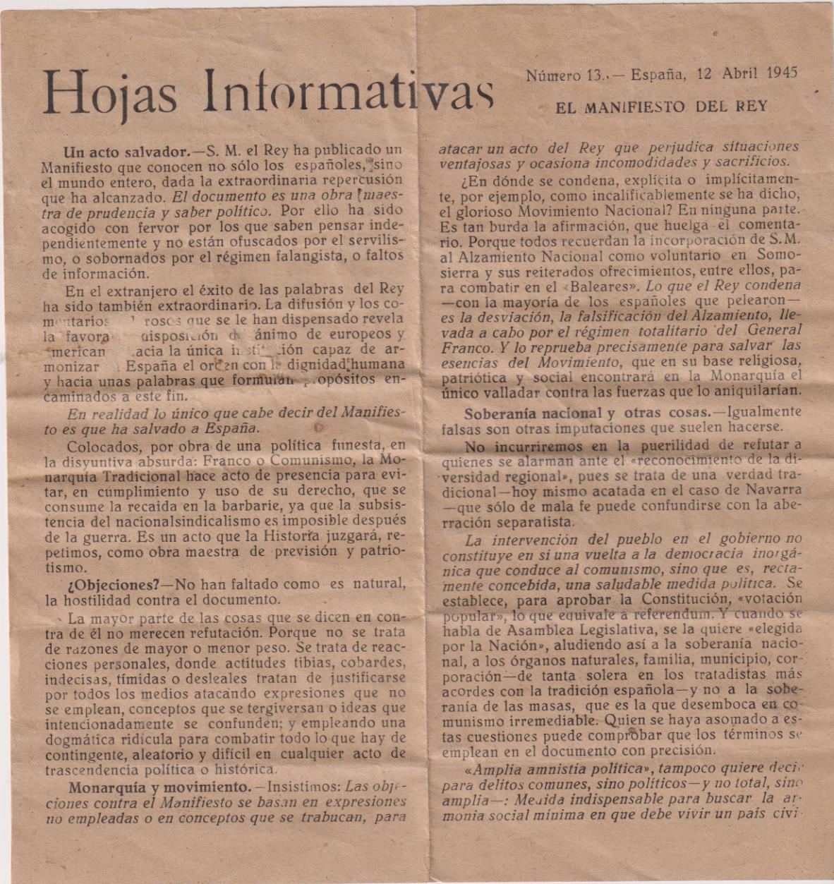 Hojas Informativas nº 13. España 12 de Abril de 1945. El Manifiesto del Rey (21,5x20, 5)