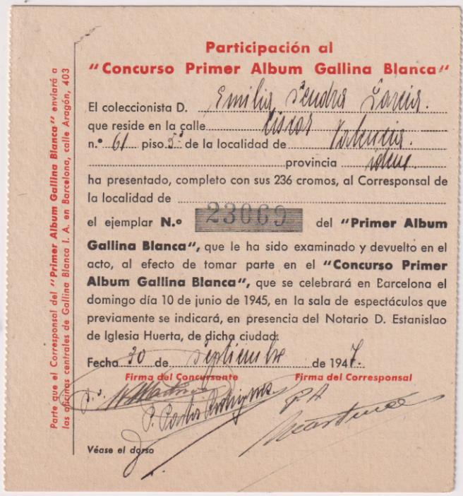 Participación al Concurso Primer Álbum Gallina Blanca. Septiembre de 1947