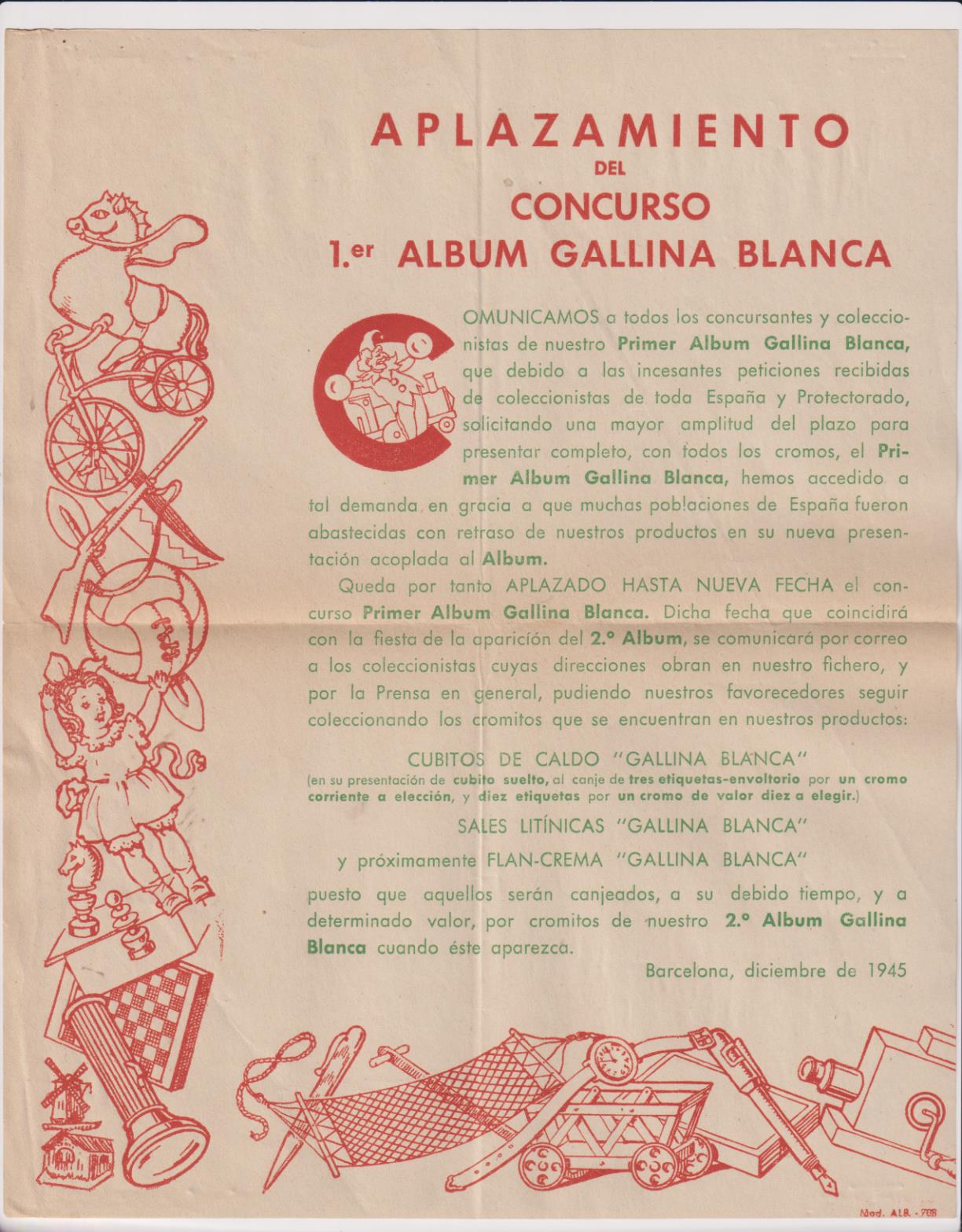 Aplazamiento del Concurso Primer Álbum Gallina Blanca. Barcelona Diciembre de 1945 de 1946