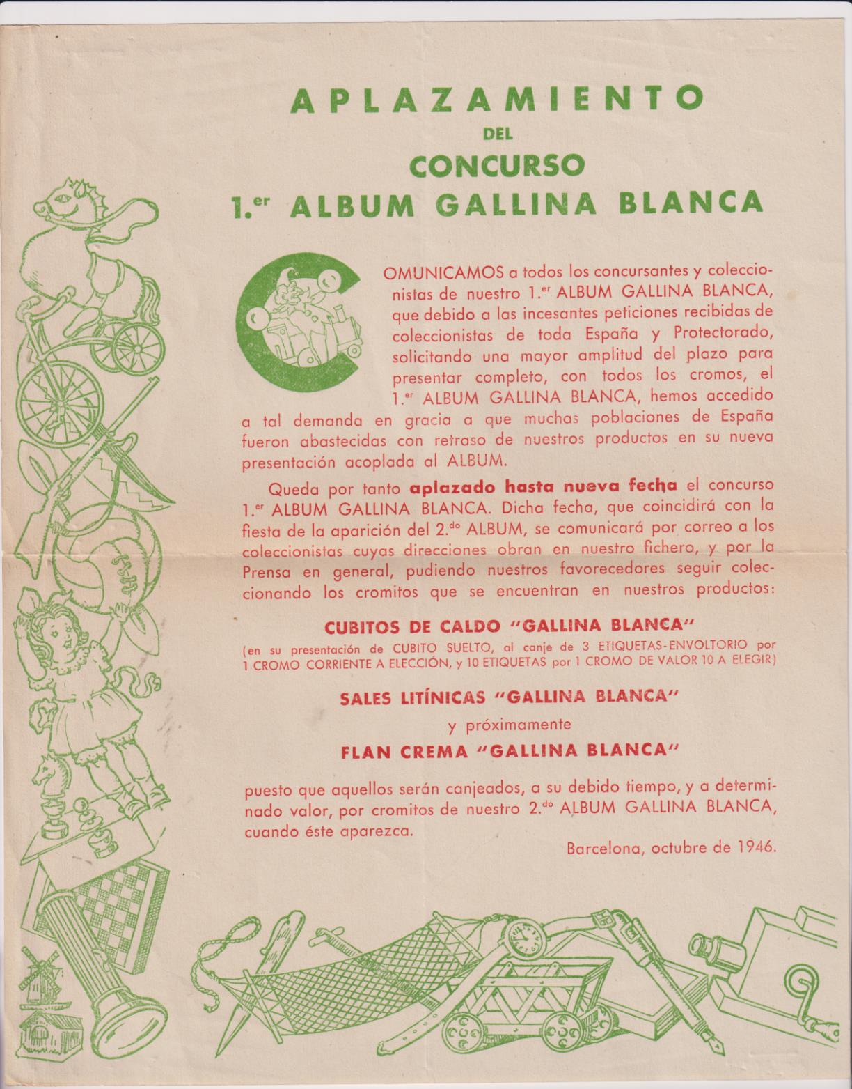 Aplazamiento del Concurso Primer Álbum Gallina Blanca. Barcelona Octubre de 1946