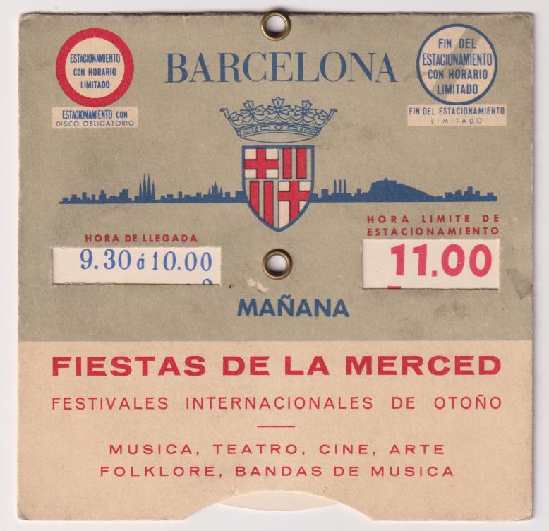 Cartón (12x12,5) con disco para con trol de Estacionamiento. Fiestas de la Merced, Barcelona