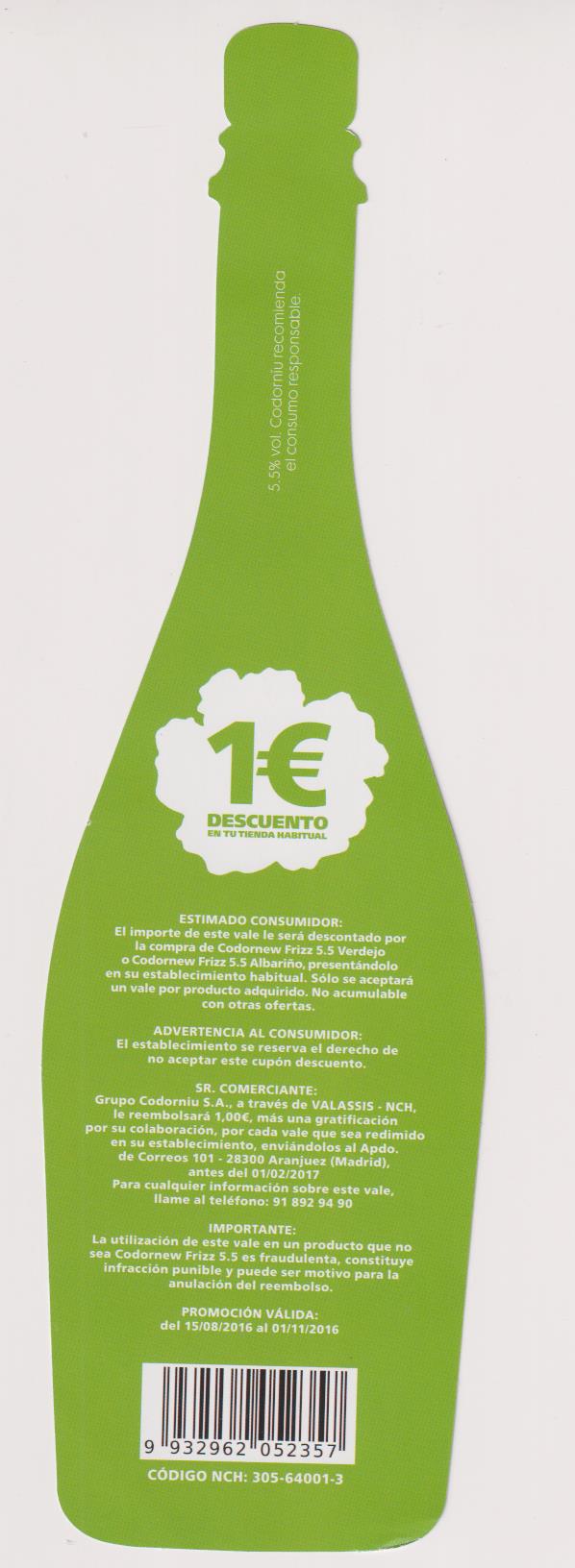 Botella, Cartulina (27x8) Frizz 5.5 Verdejo Codor New.Al dorso Descuento 1 Euro