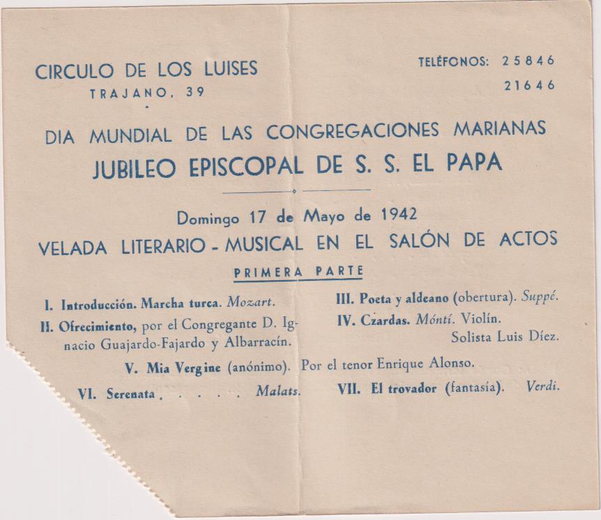 Círculo de los Luises. Sevilla. Velada Literario Musical. Día Mundial de las Congregaciones marianas
