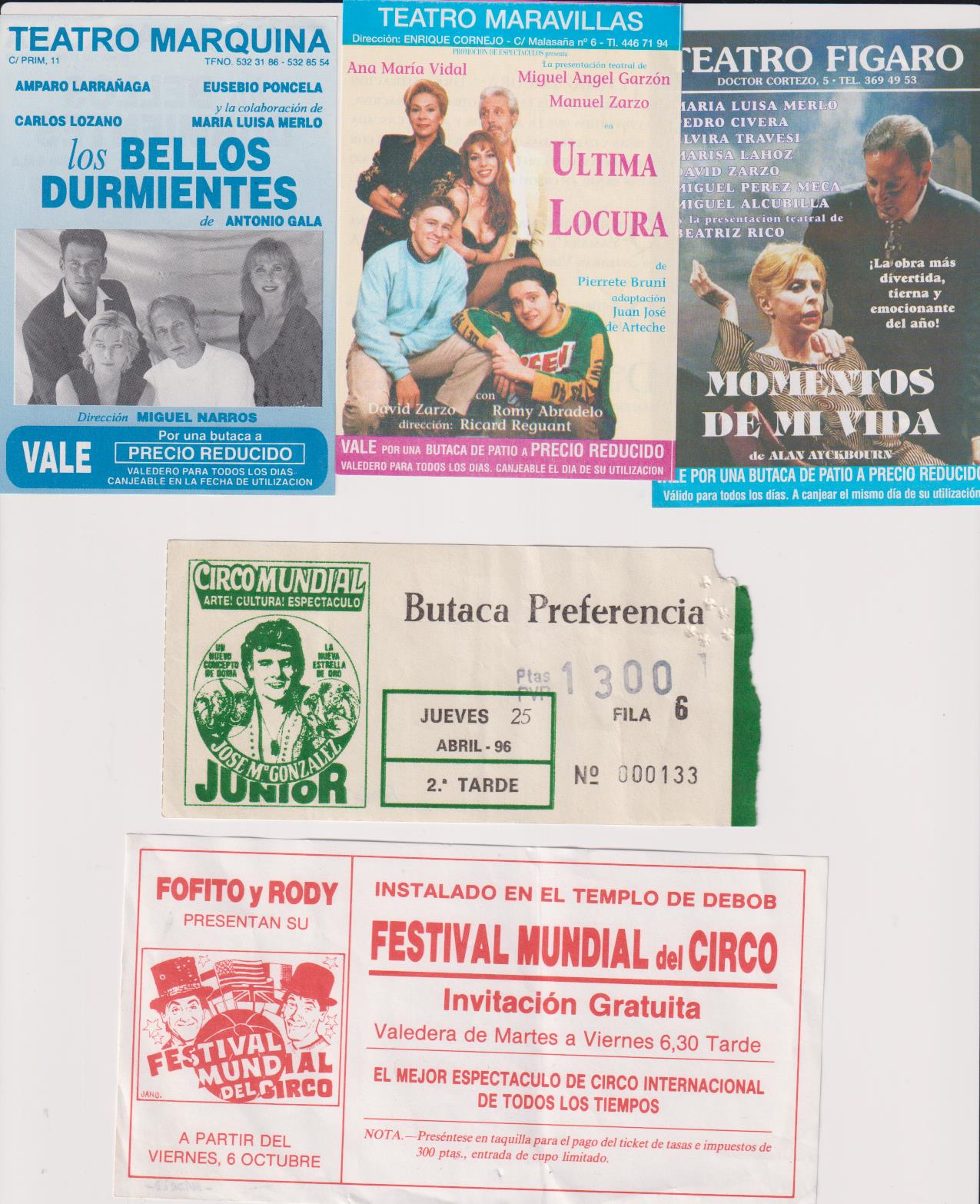 Lote de 3 Folletos Publicidad de Teatros Madrileños y 2 Entradas de Circos