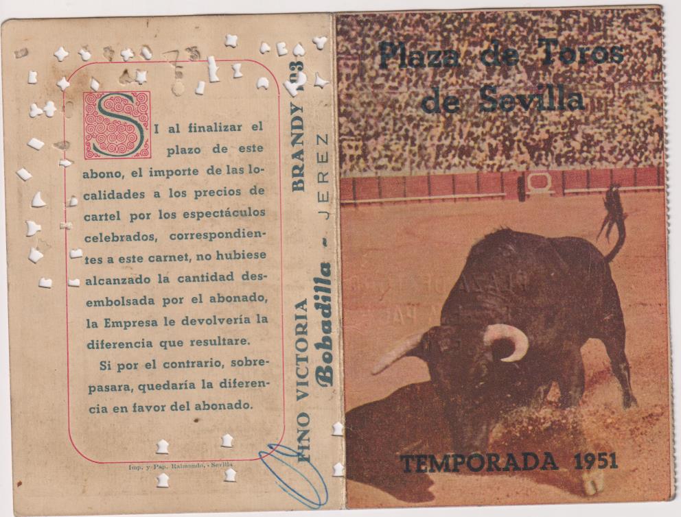 Plaza de Toros de Sevilla. Carnet Abono temporada 1951