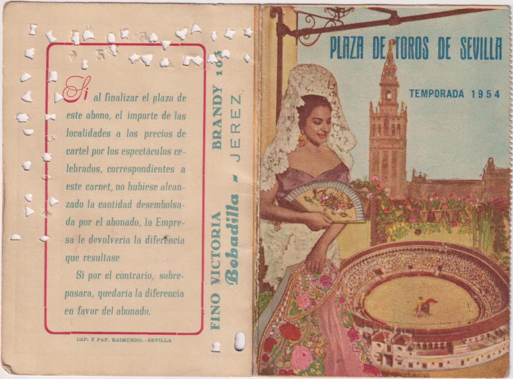 Plaza de Toros de Sevilla. Carnet Abono temporada 1954. Publicidad Lola Flores