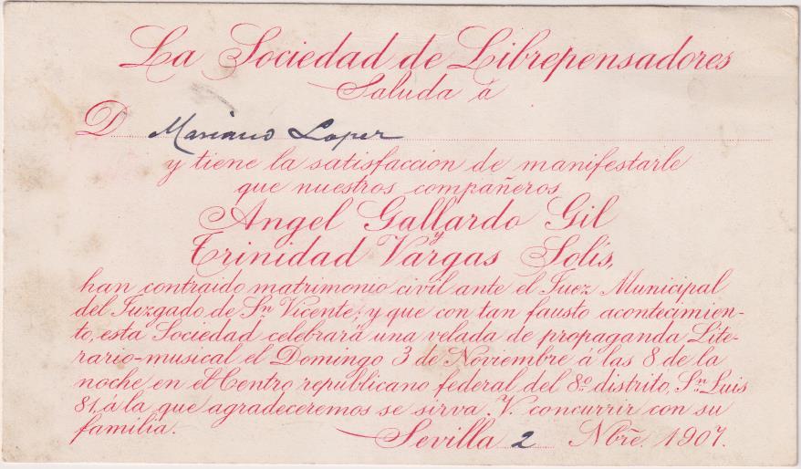 La Sociedad de Librepensadores. Tarjeta comunicando el matrimonio Civil en 1907 en Sevilla