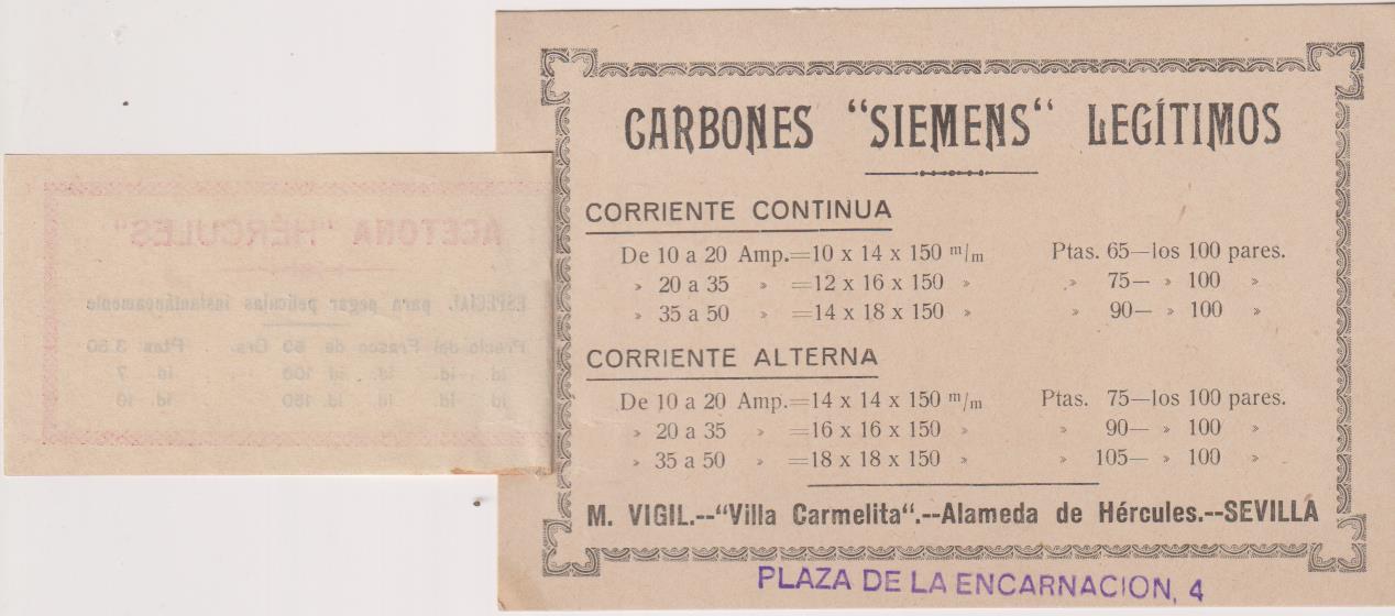 Tarjeta Publicidad de Carbones Siemens, para Arco y proyectores de Cine. M. Vigil