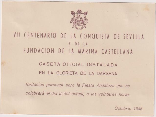 Tarjeta Invitación Personal. Fiesta Andaluza. VII Centenario de la Conquista de Sevilla