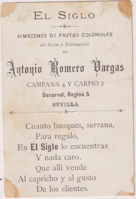 Cromo Postal (11,5x7,5) Publicidad de El Siglo, Almacenes de Frutos Coloniales