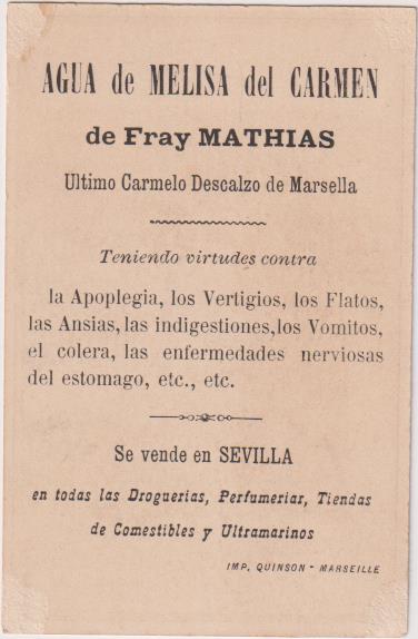 Cromo Tarjeta (9,5x6) Agua Melisa del Carmen de Fray Matthias. Se vende en Sevilla
