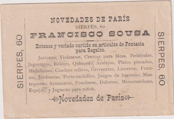 Cromo Tarjeta (10x7) Francisco Susa. Novedades de París. Sierpes, 60. Sevilla