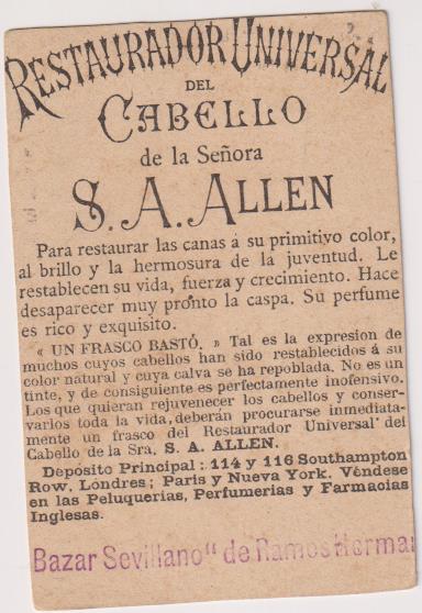 Tarjeta (9x6) Restaurador Universal del Cabello de la Sra. S. A. Allen. Bazar Sevillano