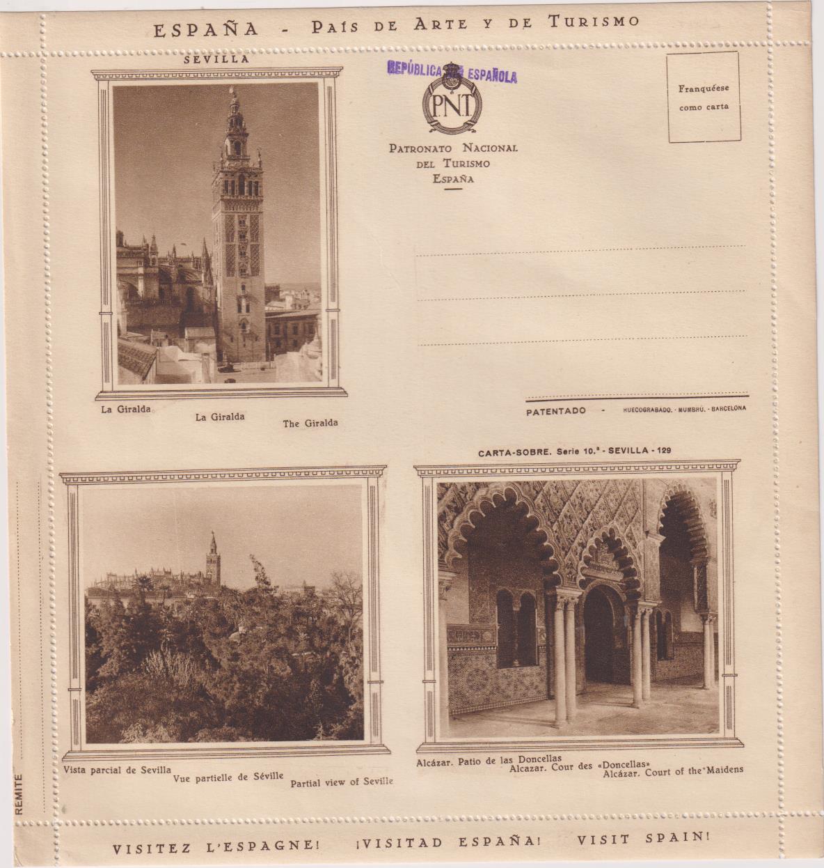 España País de Arte y de Turismo. Patronato Nacional. Sevilla. Tampón República Española