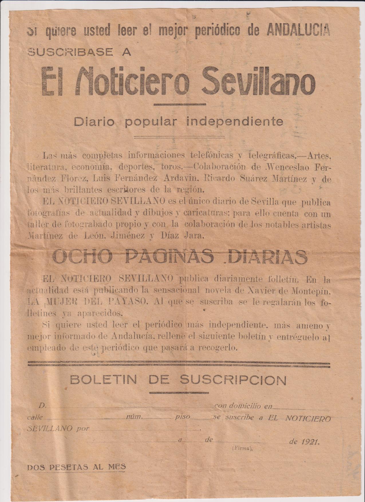Boletín de Suscripción (29x20,5) A El Noticiero Sevillano. Año 1921