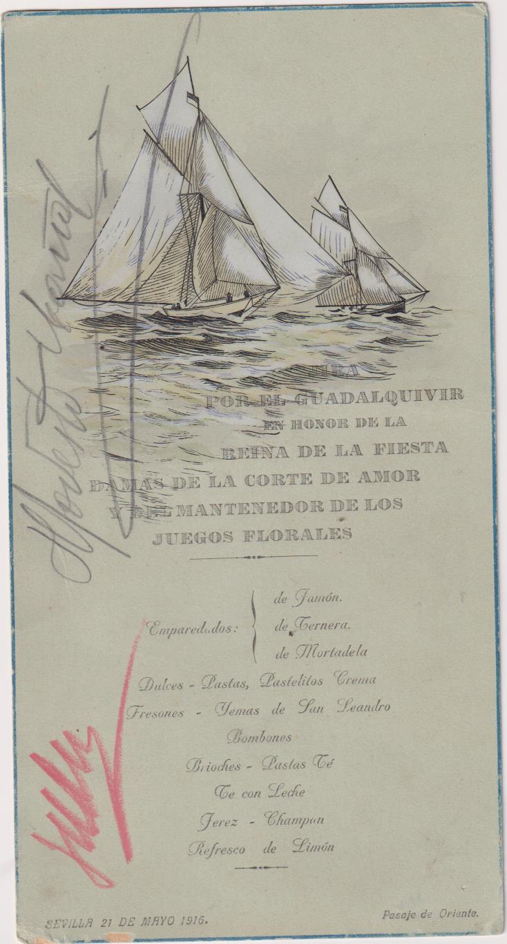 Jira por El Guadalquivir. Juegos Florales. Sevilla 1916. Menú. Pasaje de Oriente