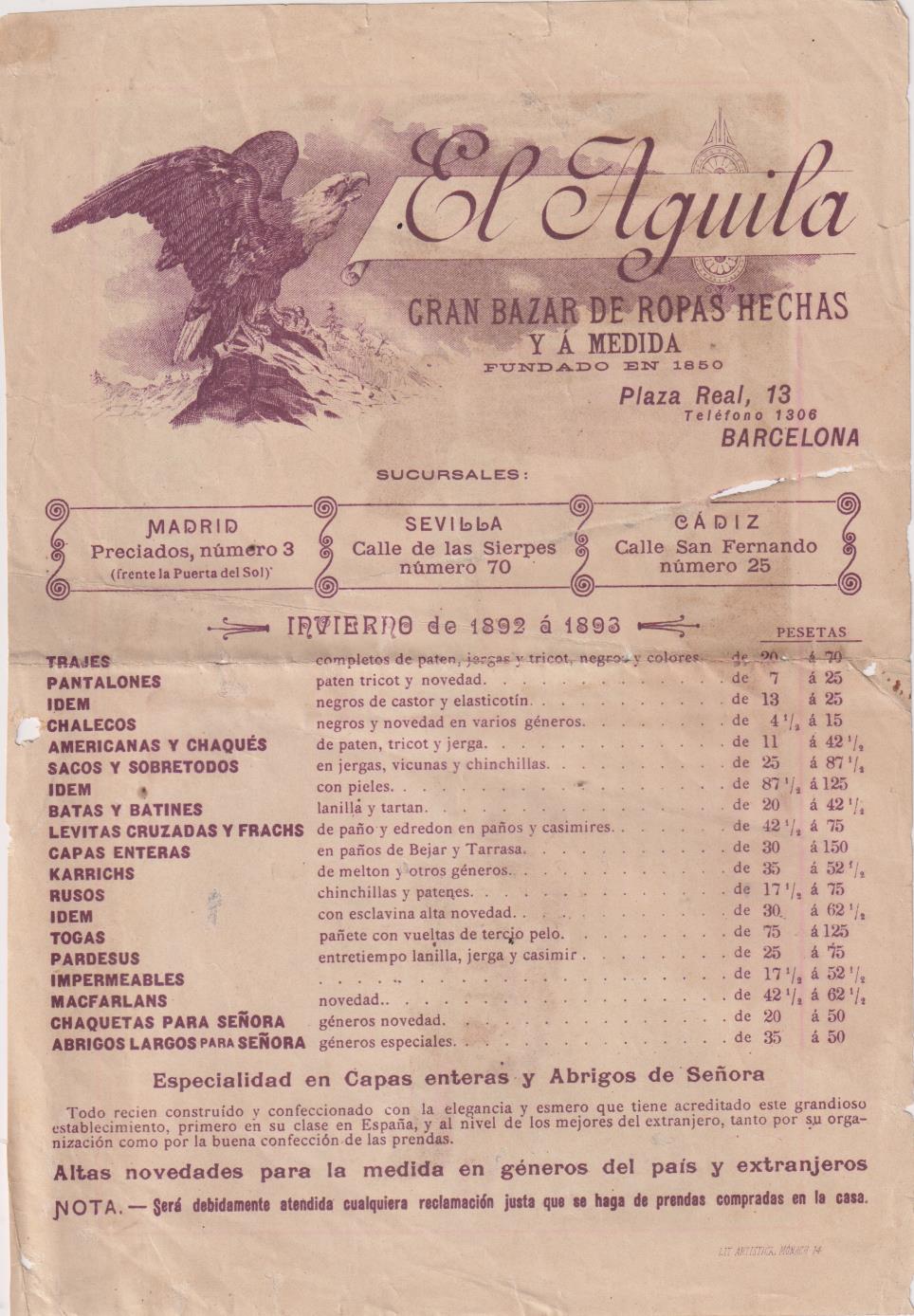 Publicidad (23,5x16) El Águila. Gran Bazar de Ropas Hechas y a medida. 1892-1893