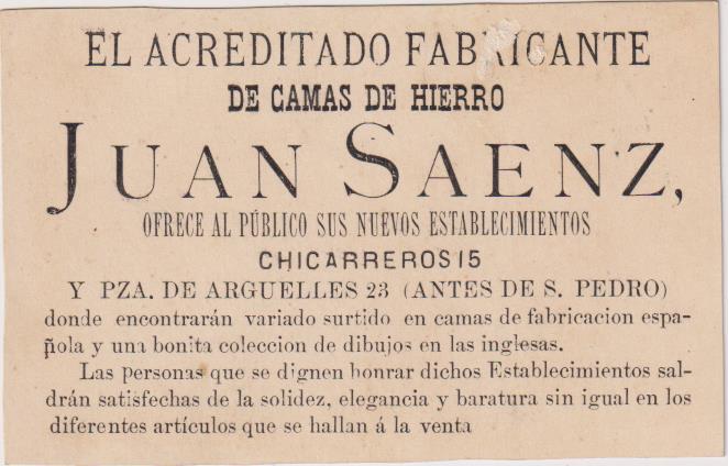Cromo Tarjeta (11x7) Juan Sáenz. Fábrica de Camas de hierro. Chicarreros, 15. Sevilla