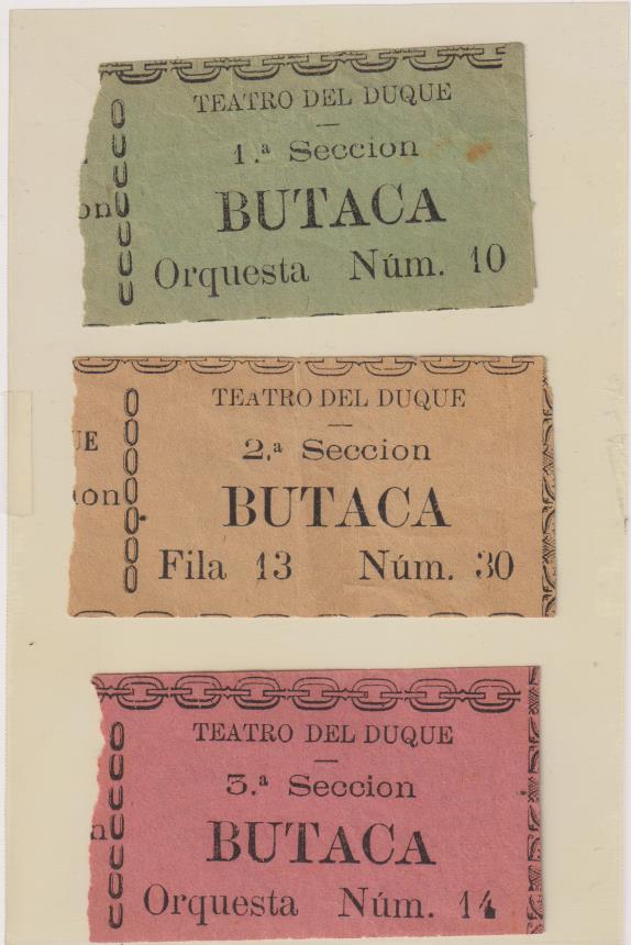 Lote de 3 Entradas al Teatro del Duque. Sevilla. Fechadas en Oct. 18, 19 y 31 de 1890