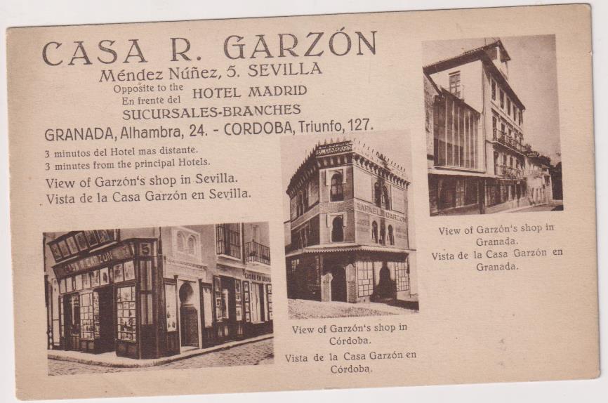 Tarjeta. Casa R. Garzón. Fotógrafo. Especialidad en Recuerdos Típicos de Sevilla