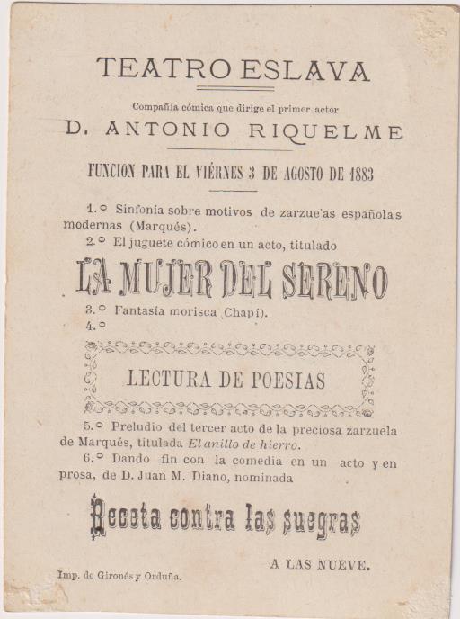 Tarjeta (11x8) Teatro Eslava. Compañía Cómica de D. Antonio Riquelme