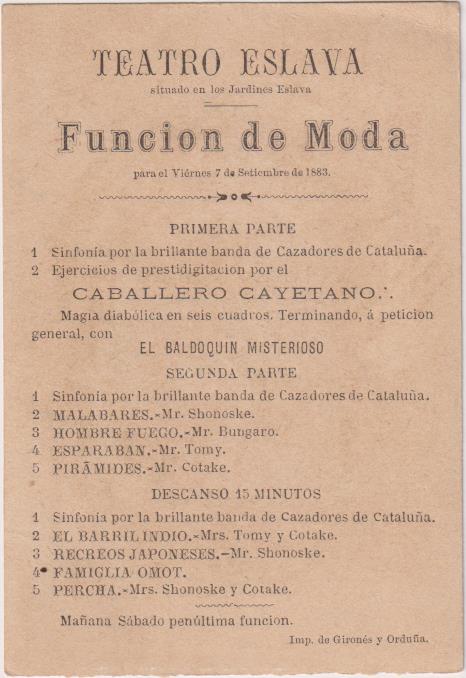 Tarjeta (11x8) Teatro Eslava. Función de Moda. para el 7 de Septiembre de 1883. 1ª